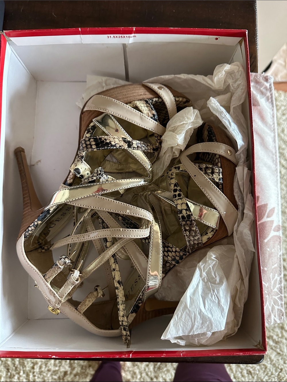 Guess Strappy Snake-Print and Metallic Beige High Heels
